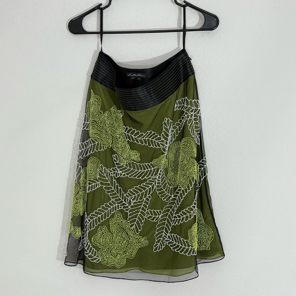 Vintage Y2k Style Lillie Rubin Floral Beaded Skirt, Green Mesh w/ Lining Size 4